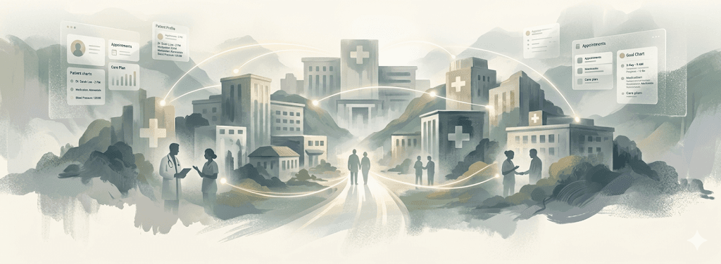 Connected healthcare ecosystem — hospitals, care teams, and patient data flowing across a digital network